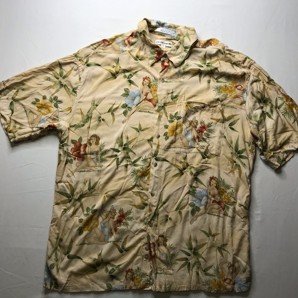 Vintage Pierre Cardin Beige Floral Pinup Girl Hawaiian Shirt